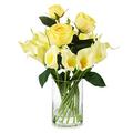 ENOVA FLORAL Mixed Artificial Real Touch Lily and Rose Flower in Glass Vase with Faux Water, Faux Flower Arrangement in Vase for Dining Table Centerpieces, Wedding Event (Yellow)