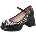 Women Square Toe Mary Janes Shoes Block Heel Platform Zebra Print Pumps Wedding Party Dress Shoes(Black,UK Size 6)