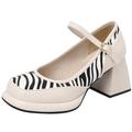 Women Square Toe Mary Janes Shoes Block Heel Platform Zebra Print Pumps Wedding Party Dress Shoes(Beige,UK Size 3)