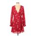 Lush Casual Dress - Mini Plunge Long sleeves: Burgundy Dresses - Women's Size Small