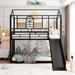 Modern Twin Over Twin Metal Floor Bunk Bed with Ladder and Slide, House Shaped Metal Bedframe with Roof for Kids, Space-Saving