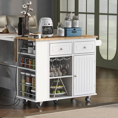 Drop Leaf Rubber Wood Kitchen Island with Power Outlet,Wine Rack