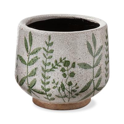 Foliage Printed Glazed Terracotta Footed Planter Large, 9.0L x 9.0W x 7.8H inches, Holds Up to 6 inch Drop in Pot - Beige