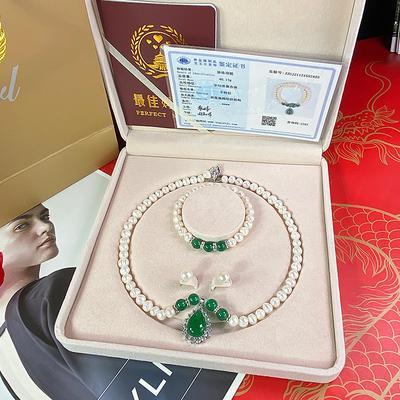 Women's Day Gifts Natural Freshwater Pearl Necklace Green Chalcedony Pendant White Pearl Bracelet Set As A Gift For Mothers And Mother-in-law On Mother's Day Mother's Day Gifts for MoM