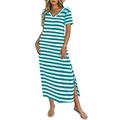 Women's Casual Dress T Shirt Dress Tee Dress Summer Dress Stripe Split Print V Neck Long Dress Maxi Dress Vacation Short Sleeve Summer