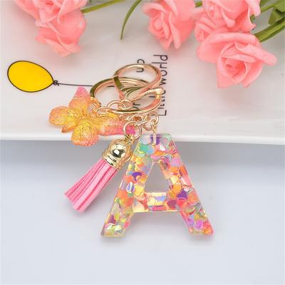 New Exquisite 26 Letter Resin Keychain with Pink Tassel Gradient Butterfly Pendant Key Ring Women Bag Ornaments Accessories Gift