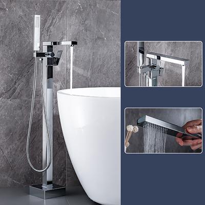 Freestanding Bathtub Faucet, 360° Swivel Spout Floor Mount Standing Tub Filler Single Handle Brass Tap with Hand Shower Sprayer