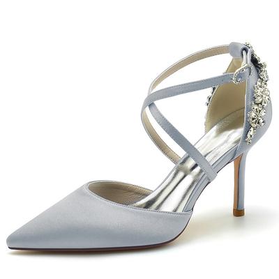 Women's Wedding Shoes Pumps Bridal Shoes Rhinestone Stiletto Pointed Toe Luxurious Satin Cross Strap Wine Black White