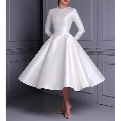 TS Bridal Shower Vintage 1940s / 1950s Little White Dresses Simple Wedding Dresses A-Line Scoop Neck Long Sleeve Tea Length Satin Bridal Gowns With Solid Color 2025