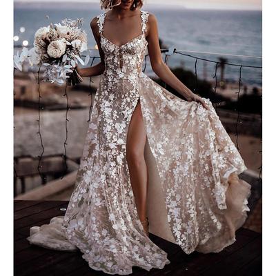 TS Beach Boho Simple Wedding Dress A-Line Sweetheart Regular Straps Court Train Lace Bridal Gowns With Appliques Split Front 2025