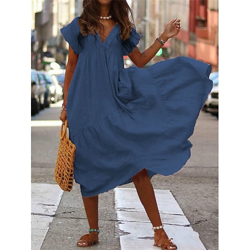 Per donna Abito Lungo Maxi Abito Misto lino Vestito Casual Vestito a ruota Abito Estivo Streetwear Abito Maxi Vacanza Streetwear Ferie Vestibilità comoda Manica Corta Scollo a V Giallo Rosa Blu scuro