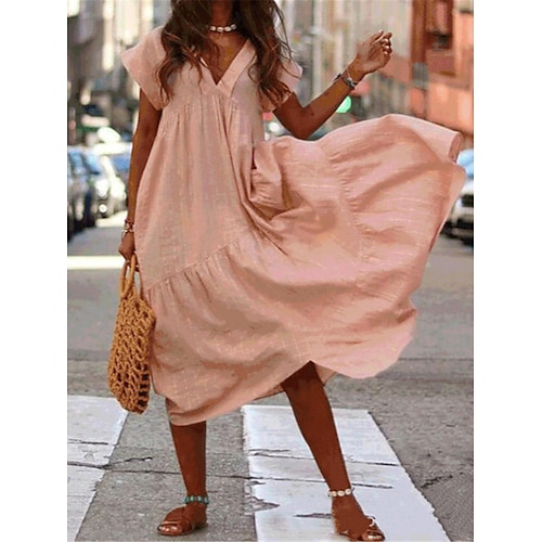 Per donna Abito Lungo Maxi Abito Misto lino Vestito Casual Vestito a ruota Abito Estivo Streetwear Abito Maxi Vacanza Streetwear Ferie Vestibilità comoda Manica Corta Scollo a V Giallo Rosa Blu scuro