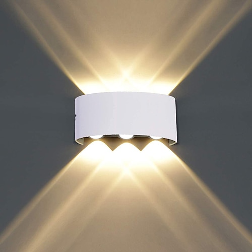 lampada da parete per esterni / interni a led 6w illuminazione su / giù per interni lampada da parete ip65 curva impermeabile a doppia testa lampada da camera moderna luce bianca calda ac85-265v