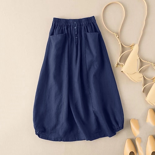 Per donna Gonna Linea A Essenziale Informale Medio Vita alta Gonne Tinta unita Tasche Casual / quotidiano Fine settimana Nero Verde militare Blu marino Cachi Estate Cotone e lino
