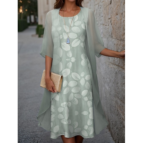 Abito di Laurea da Donna Abito Midi Due Pezzi Set Ospite Matrimonio Abito Cocktail Floreale Chiffon Casual Moda Elegante Moderna Stampa Primavera Girocollo Manica Mezza Vestibilità Larga Rosa Blu