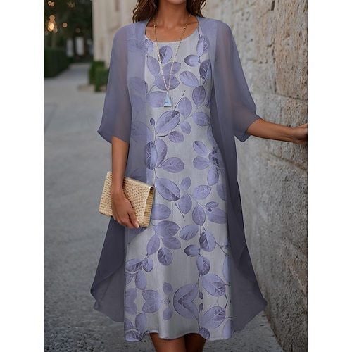 Abito di Laurea da Donna Abito Midi Due Pezzi Set Ospite Matrimonio Abito Cocktail Floreale Chiffon Casual Moda Elegante Moderna Stampa Primavera Girocollo Manica Mezza Vestibilità Larga Rosa Blu