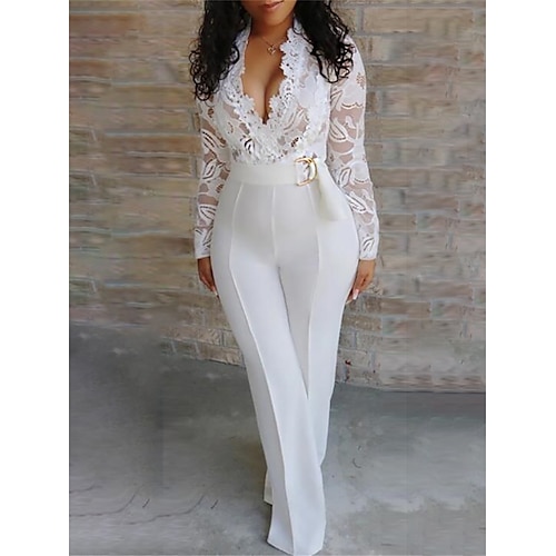 Per donna Normale Tuta Elegante Tinta unica Manica lunga A V Pizzo Vita alta Matrimonio Feste Standard Bianco Estate