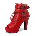 stivali da donna con tacco alto, plateau e lacci rossi con cinturini con fibbia, stivali sexy per le uscite serali e per la discoteca