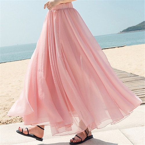 gonna da donna gonna lunga a ruota maxi gonne a strati tinta unita casual quotidiano spiaggia estate chiffon moda estate nero bianco giallo rosa