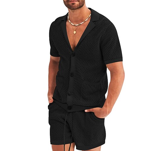 Per uomo Camicia Set Camicia Camicia Estiva Camicia casual Camicia da Spiaggia Camicia con Bottoni Nero Bianco Blu reale Grigio chiaro Azzurro Manica Corta Semplice Bavero Vacanza Camicia hawaiana