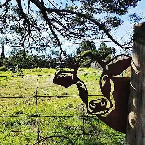 animali metallo giardino art decor, divertente mucca che fa capolino sculture da parete in metallo arte del ferro battuto resistente alle intemperie mucca segno esterno giardino agriturismo arredamento mucca parete arredamento