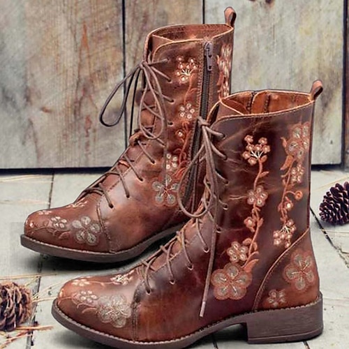 stivaletti allacciati con ricami floreali vintage da donna - stivali in pelle in stile bohémien con cerniera laterale per autunno e inverno