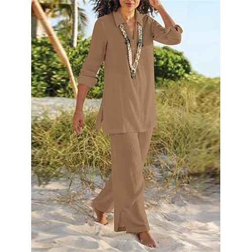 Completo da donna in cotone e lino, due pezzi, basic casual, comfort, camicia e pantaloni in tinta unita, per le vacanze, per la casa, tutti i giorni, manica lunga, risvolto, nero, marrone, kaki, blu scuro, estate e primavera.