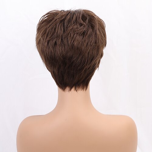 Miscela di capelli umani Parrucca Corto Liscio Diritto naturale Taglio corto spettinato Parte laterale Taglio scalato Taglio asimmetrico Bianco Marrone Cosplay Bigodino e piastra per capelli