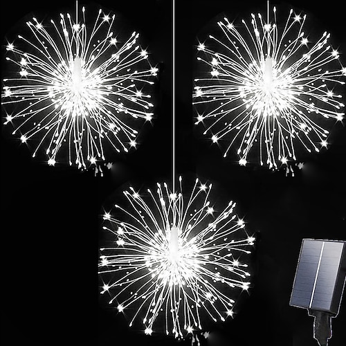 1 pz luci solari per fuochi d'artificio pannello solare con 3 pz luci a stella a 270 led appese filo di rame luci esterne impermeabili 8 modalità di illuminazione luci decorative per ombrellone da patio, grondaia, giardino