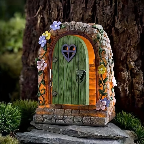 miniature del giardino della porta delle fate solari, porta delle fate con gradini, accessori da giardino delle fate in resina, decorazioni per la casa del giardino degli alberi, ornamenti da giardino