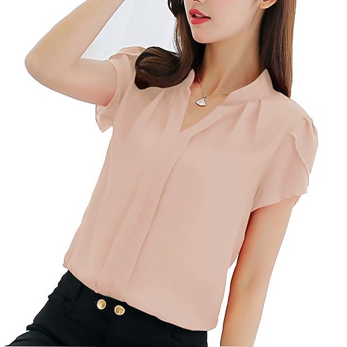 Per donna Camicia Blusa Bianco Rosa Rosso Liscio Manica corta Ufficio Informale Essenziale Elegante A V Standard Taglia piccola S