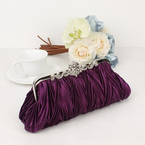 pochette da sera plissettata in raso bianco da donna – elegante borsa a mano con montatura in metallo floreale per matrimoni, cocktail ed eventi formali
