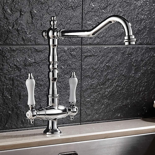 rubinetto classico per lavabo per lavanderia, rubinetto nero cromato, arco alto centrale con due maniglie in ceramica, rubinetto per lavabo monoforo con interruttore acqua calda e fredda, rubinetto