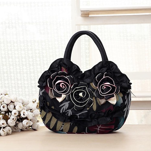 borsa a mano vintage da donna ricamata con fiori – elegante tote blu con motivo a rose 3D, interno spazioso e chiusura con cerniera – ideale per uscite informali e occasioni speciali