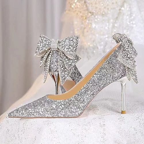 scarpe con tacco alto da sposa glitterate argento con fiocco, décolleté scintillanti per la sposa, eleganti scarpe con tacco a spillo per cerimonia e ricevimento