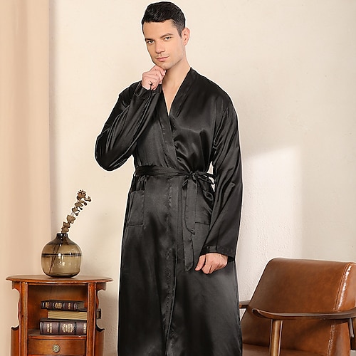Per uomo Plus Size Pigiami Accappatoio Abito di seta Kimono di seta Colore puro Di tendenza Lusso Interni Da letto terme Seta sintetica Raso Comfort Manica lunga Inverno Autunno Nero Vino rosso