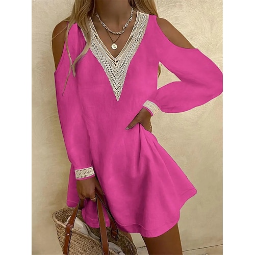Per donna Mini Abito Abiti ispirati al lino Abito Bianco Abito in Pizzo Abito Estivo Bohemien Data Vestibilità comoda Manica Lunga Scollo a V Nero Bianco Fucsia Azzurro Estate