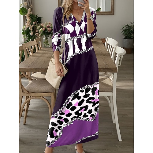 Maxi Abito da Donna Abito Casual Abito Invernale Abito a T-Shirt Abito a Tee Stampa Leopardo Blocco di Colore Tasche Scollo A V Abito Lungo Maxi Abito Appuntamento Vacanza Manica Lunga Autunno Inverno