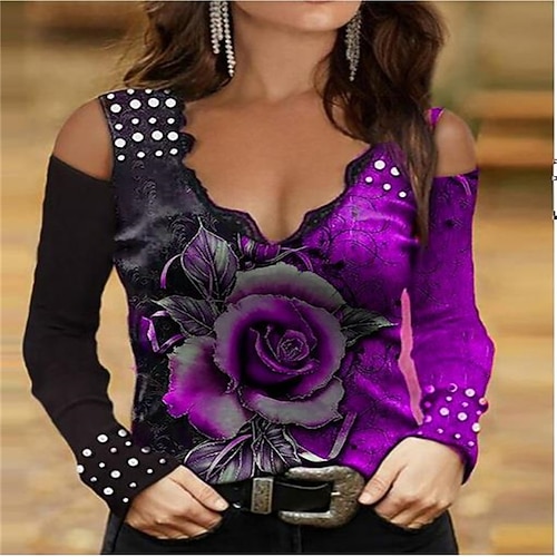 Per donna Maglietta Rosa Sexy Casual Manica Lunga Molto stondata Casual Quotidiano Traforato Foro Farfalle colorate Colorful Viola-rosa Rosa Rossa-Farfalla Rosa rossa Lago Blu-Rose Primavera Autunno