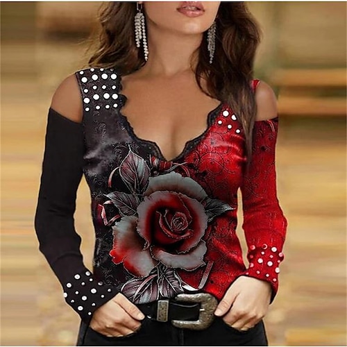 Per donna Maglietta Rosa Sexy Casual Manica Lunga Molto stondata Casual Quotidiano Traforato Foro Farfalle colorate Colorful Viola-rosa Rosa Rossa-Farfalla Rosa rossa Lago Blu-Rose Primavera Autunno