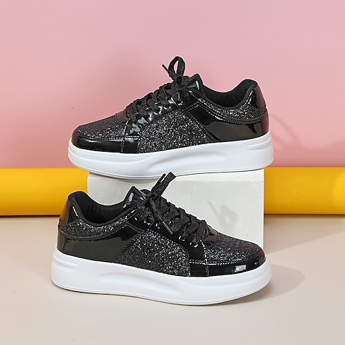 sneakers da donna con glitter rosa scintillanti, chiusura con lacci e suola comoda, perfette per abbigliamento casual e feste