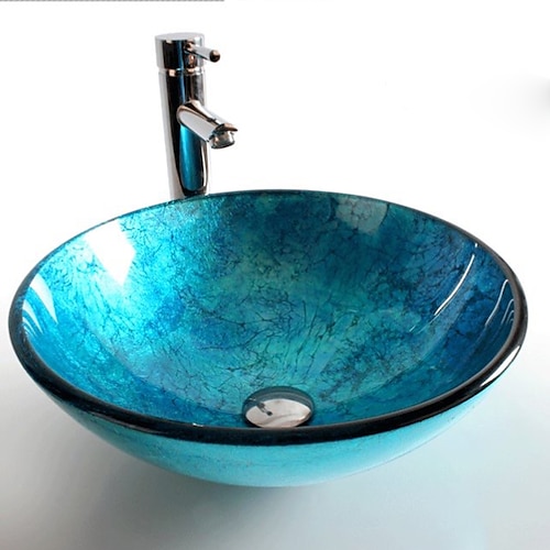 lavabo da toeletta artistico rotondo lavabo da bagno vaso in vetro temperato ciotola da 16,5 pollici, miscelatore per lavabo artistico con scarico a scomparsa, piano di lavoro a forma di barca sopra il bancone del bagno