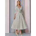 Abiti da Sposa da Mare A-Line Oro Madre della Sposa Abito Ospite di Matrimonio Elegante Vintage Taglia Forte Scollo a V Lunghezza Té Satin Maniche 3/4 con Pieghe per impressionare senza costo