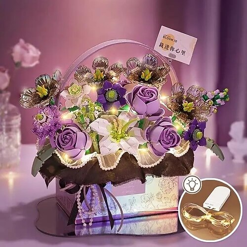 regali per il giorno delle donne nuovo elemento di costruzione fiore rosa elemento di costruzione giocattolo polvere magica bouquet di fiori portatile confezione regalo serie regali per le ragazze