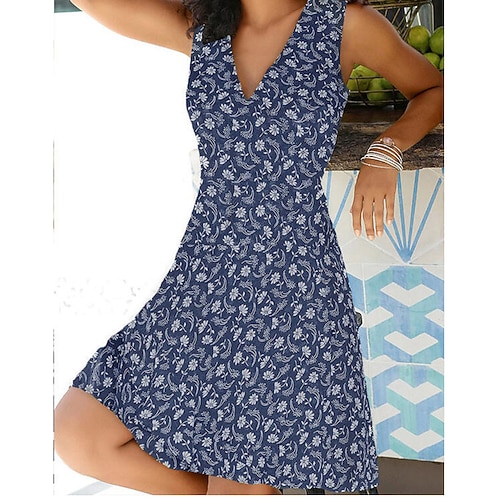 damen a-linie kleid knielanges kleid blau weiß grau rot ärmellos floral print frühling sommer v-ausschnitt elegant lässig sexy 2023 s m l xl xxl xxxl Image