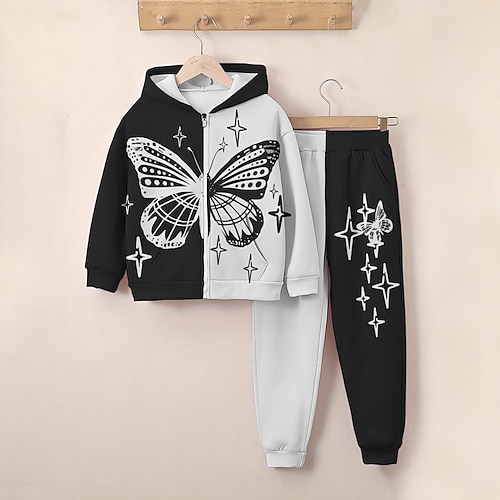 Mädchen 3D Schmetterling Set aus Kapuzenpullover und Jogginghose Langarm 3d Drucken Frühling Herbst Aktiv Modisch Kuschelig kinderkleidung 3-12 Jahre Reissverschluss Mit Kapuze Outdoor Strasse Image