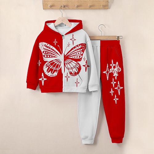 Mädchen 3D Schmetterling Set aus Kapuzenpullover und Jogginghose Langarm 3d Drucken Frühling Herbst Aktiv Modisch Kuschelig kinderkleidung 3-12 Jahre Reissverschluss Mit Kapuze Outdoor Strasse Image