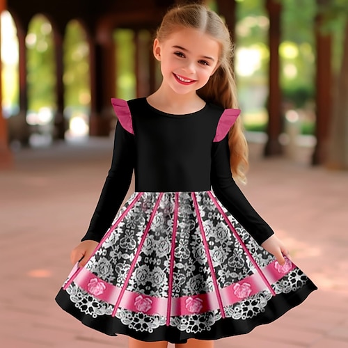 Karnival Mädchen' 3D Blumen Rüschenkleid Rosa Langarm 3D-Druck Frühling Herbst Urlaub Sport Natur Täglich Kuschelig Brautkleider schlicht Schön kinderkleidung 3-12 Jahre Casual kleid A Linie Kleid Image