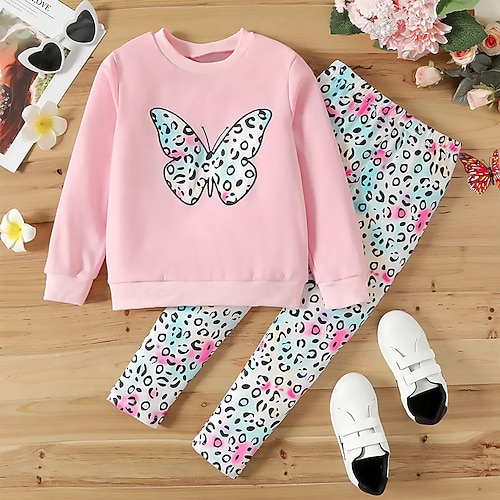 Mädchen 3D Leopard Schmetterling Set aus Sweatshirt und Leggings Set Rosa Langarm 3D-Druck Herbst Winter Aktiv Modisch Täglich kinderkleidung 3-12 Jahre Rundhalsausschnitt Outdoor Urlaub Verabredung Image
