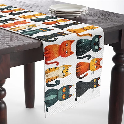 Tischläufer mit Tierkatzen-Aufdruck, Küchen-Esstischdekoration, Tischläufer mit Aufdruck für drinnen und draußen, Zuhause, Bauernhaus, Urlaub, Hochzeit, Geburtstag, Party-Dekoration Image